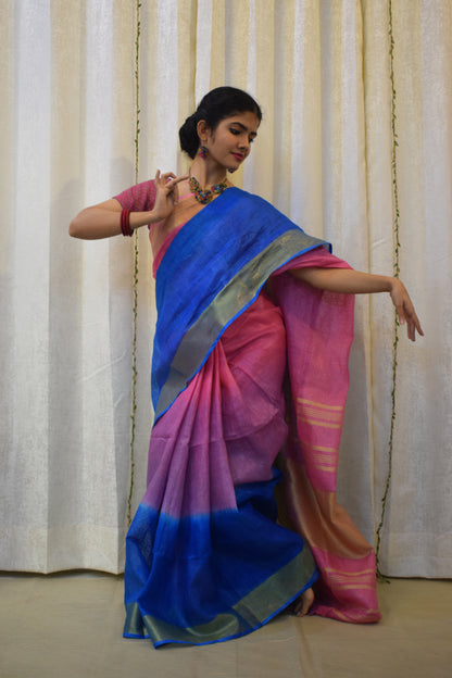 Dhanvi: Pink & Blue  Linen Ombre Saree