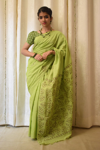 Ekaparnika: Green Cotton Kantha Saree