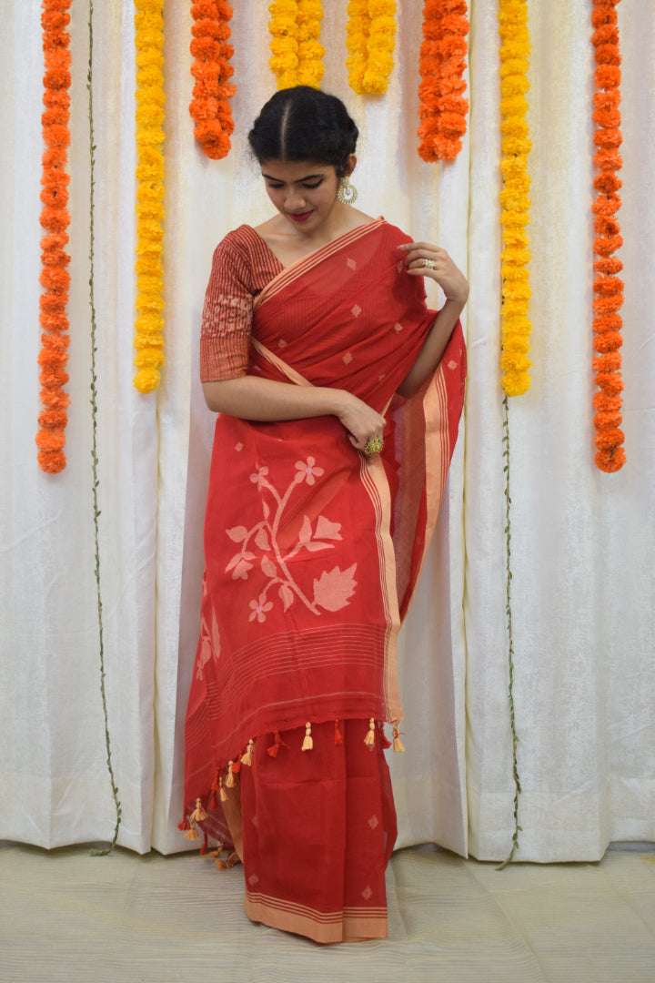 Rati- Red Cotton Jamdani Saree