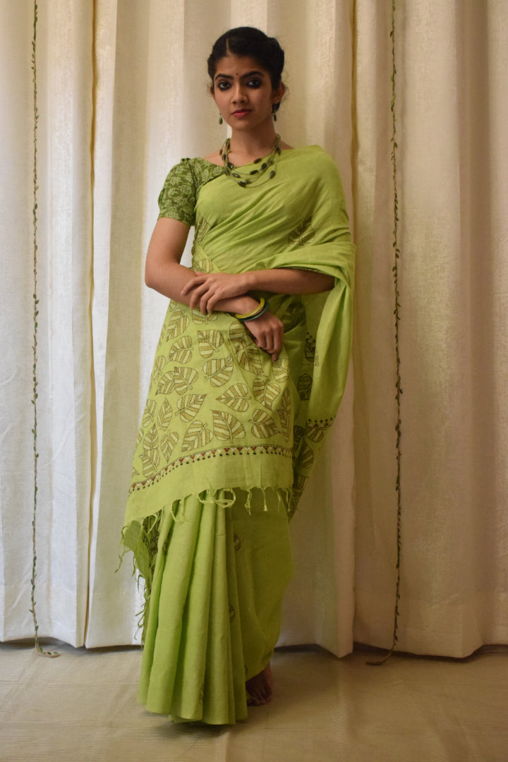 Ekaparnika: Green Cotton Kantha Saree