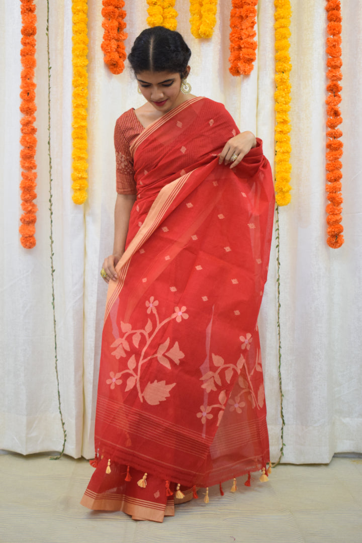 Rati- Red Cotton Jamdani Saree