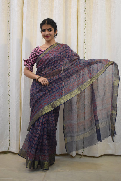 Virusha: Indigo & Red Kota Doria Ajrakh Saree