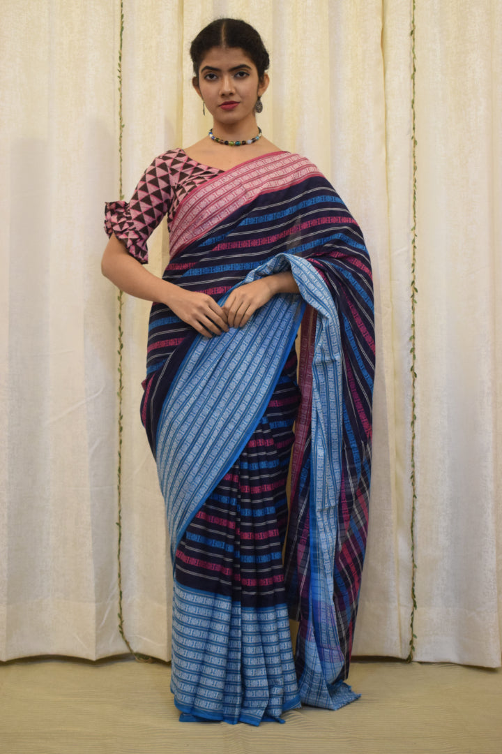 Ambuja: Blue & Pink Dhaniakhali Cotton Saree