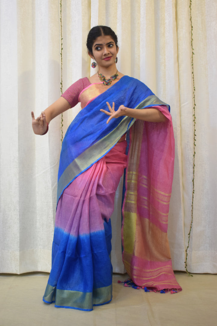 Dhanvi: Pink & Blue  Linen Ombre Saree