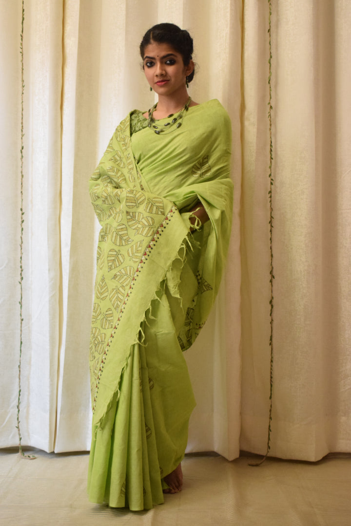 Ekaparnika: Green Cotton Kantha Saree