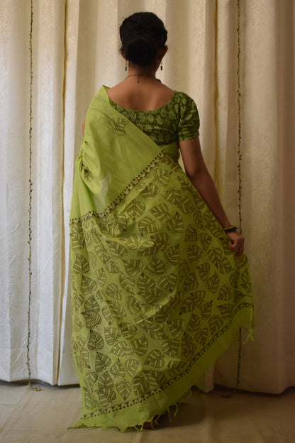 Ekaparnika: Green Cotton Kantha Saree