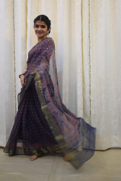 Virusha: Indigo & Red Kota Doria Ajrakh Saree