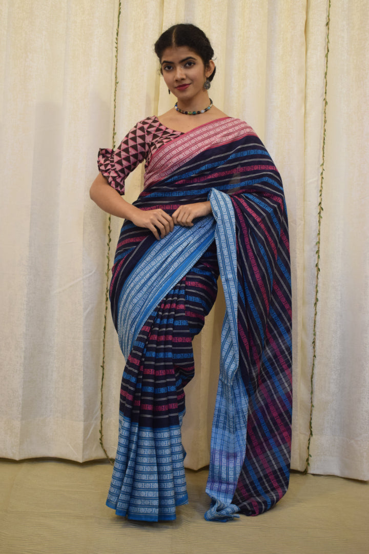 Ambuja: Blue & Pink Dhaniakhali Cotton Saree