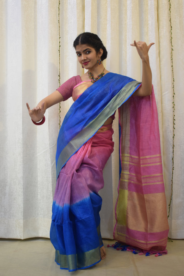 Dhanvi: Pink & Blue  Linen Ombre Saree