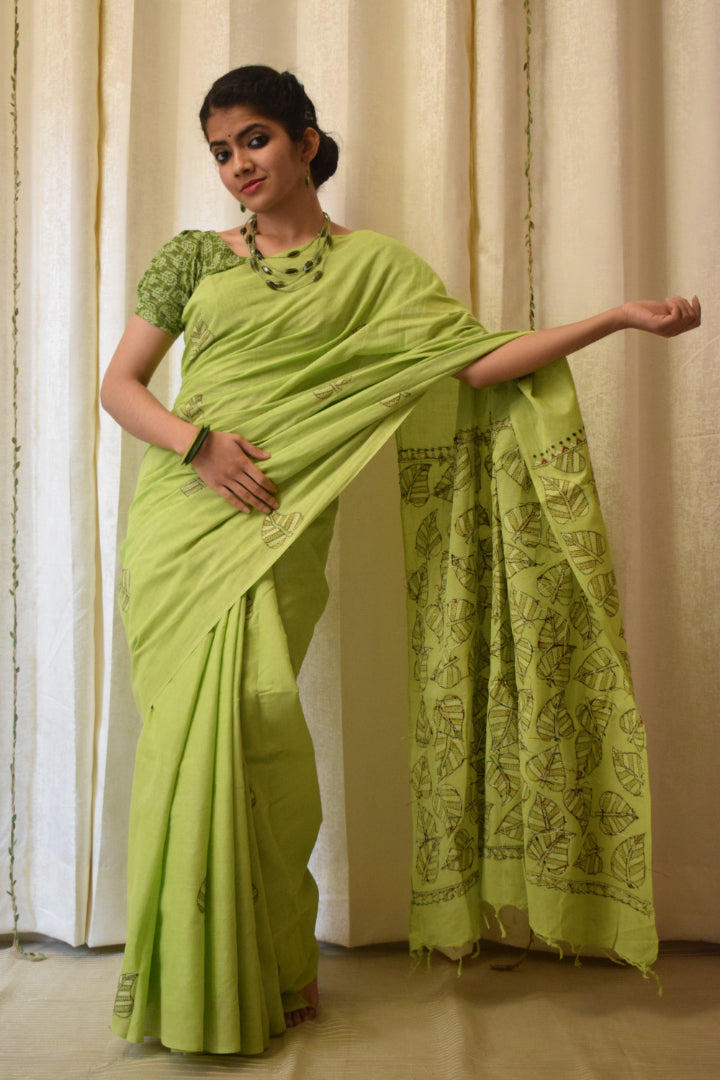 Ekaparnika: Green Cotton Kantha Saree