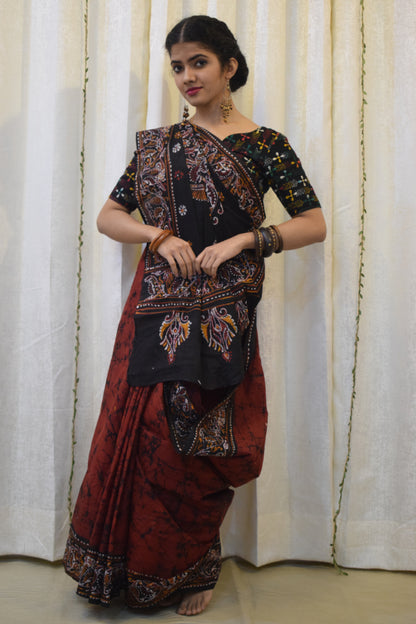 Lohini: Red & Black Cotton Batik  Saree