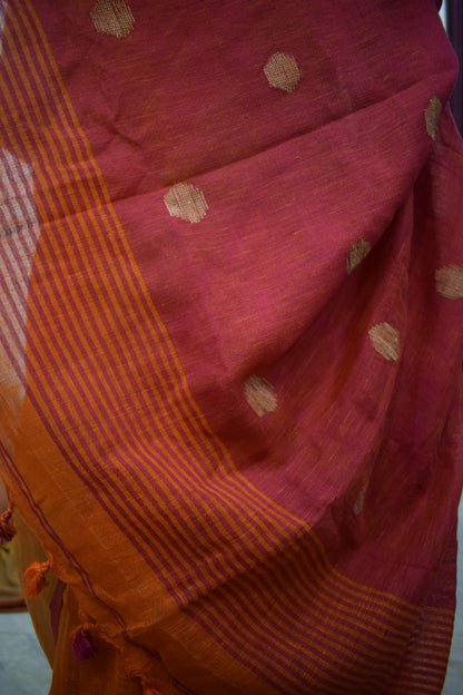 Agneya: Orange Linen Jamdani Saree