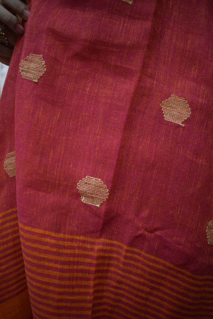 Agneya: Orange Linen Jamdani Saree