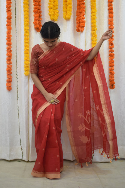 Rati- Red Cotton Jamdani Saree