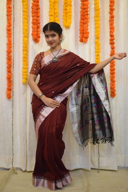 Mayuri- Deep Maroon Cotton Paithani Saree