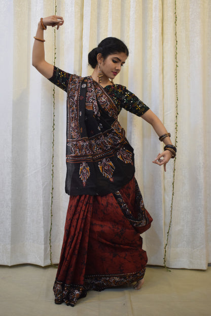 Lohini: Red & Black Cotton Batik  Saree