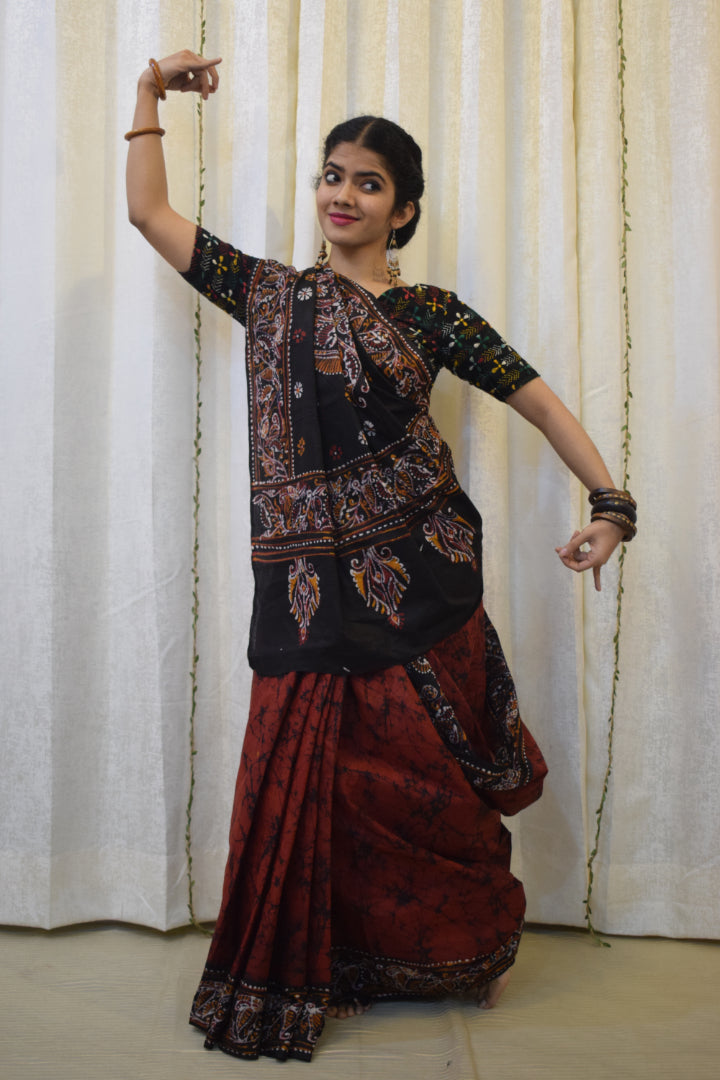 Lohini: Red & Black Cotton Batik  Saree