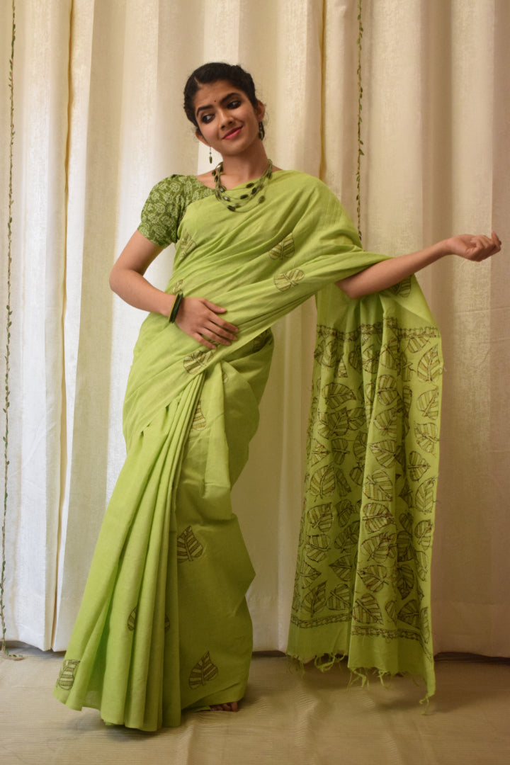 Ekaparnika: Green Cotton Kantha Saree