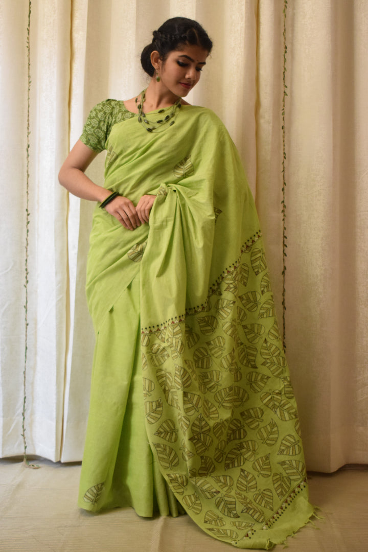 Ekaparnika: Green Cotton Kantha Saree