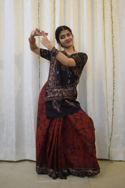 Lohini: Red & Black Cotton Batik  Saree