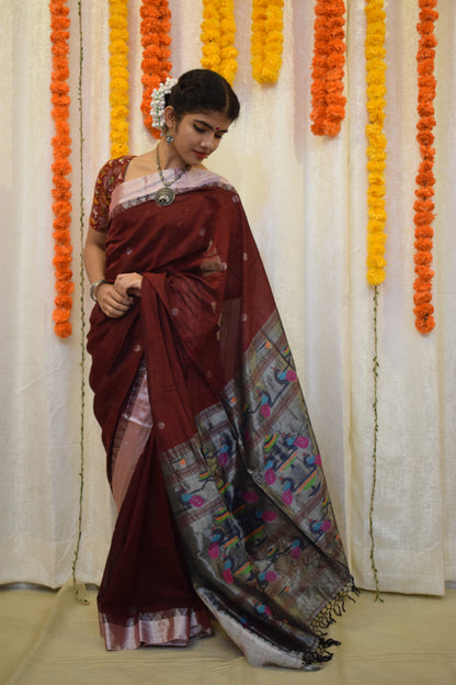 Mayuri- Deep Maroon Cotton Paithani Saree