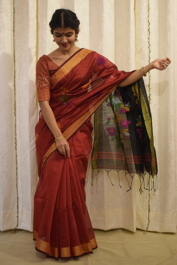 Mahalaya- Red & Black Cotton-Silk Jamdani Saree