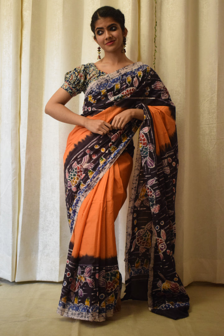 Matsaya: Orange Cotton Batik Saree