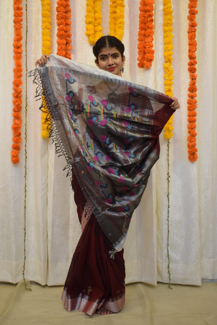 Mayuri- Deep Maroon Cotton Paithani Saree