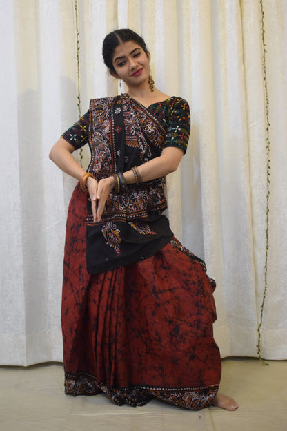 Lohini: Red & Black Cotton Batik  Saree