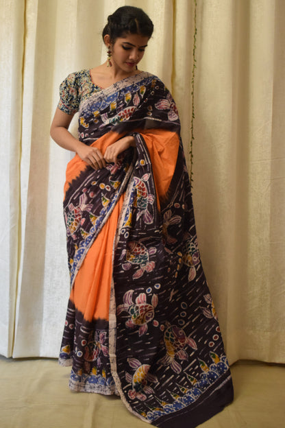 Matsaya: Orange Cotton Batik Saree