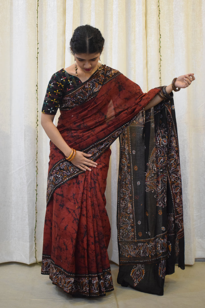 Lohini: Red & Black Cotton Batik  Saree