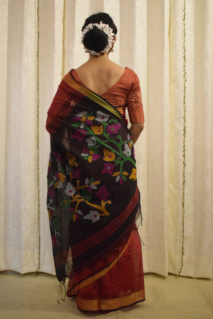 Mahalaya- Red & Black Cotton-Silk Jamdani Saree