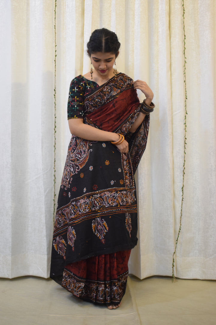 Lohini: Red & Black Cotton Batik  Saree