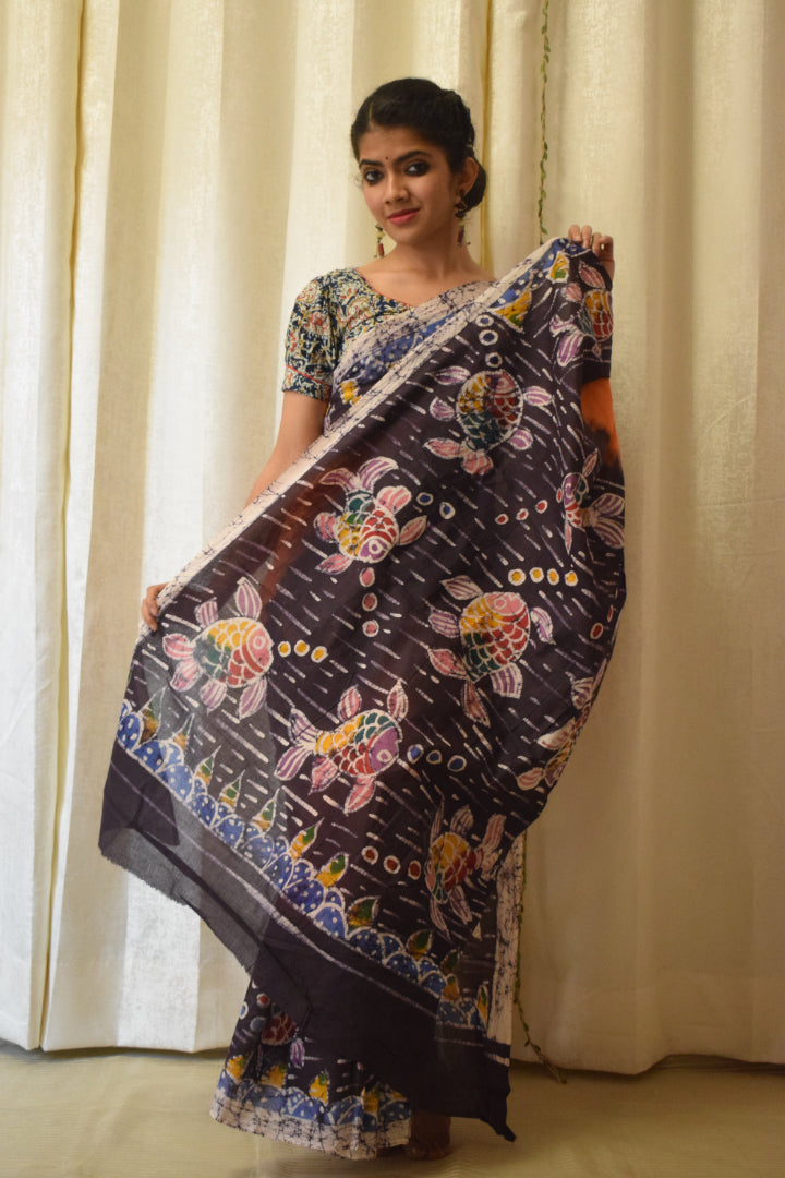 Matsaya: Orange Cotton Batik Saree