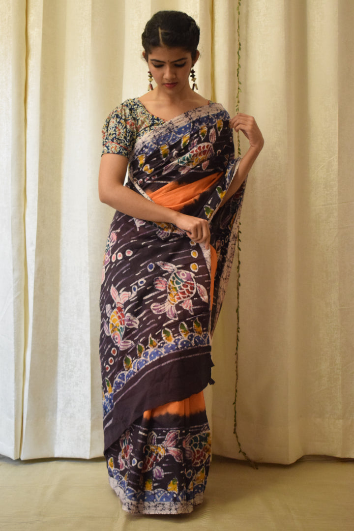 Matsaya: Orange Cotton Batik Saree