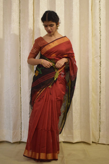 Mahalaya- Red & Black Cotton-Silk Jamdani Saree