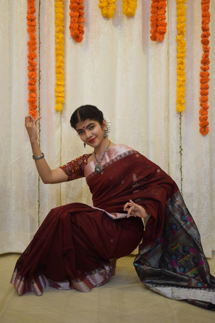 Mayuri- Deep Maroon Cotton Paithani Saree