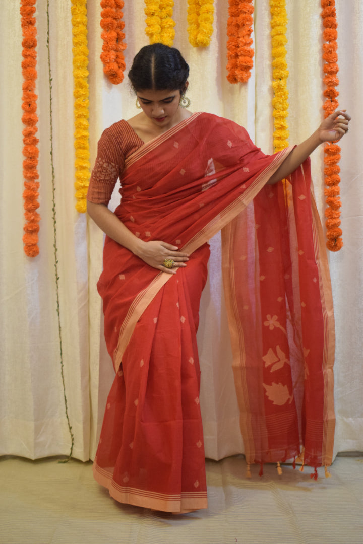 Rati- Red Cotton Jamdani Saree