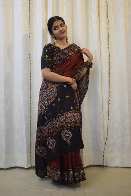 Lohini: Red & Black Cotton Batik  Saree