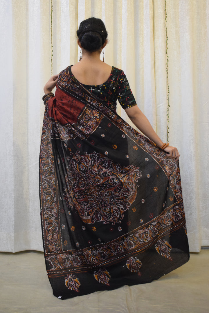 Lohini: Red & Black Cotton Batik  Saree