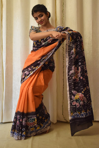 Matsaya: Orange Cotton Batik Saree