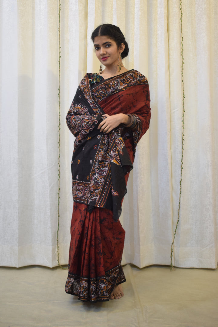 Lohini: Red & Black Cotton Batik  Saree