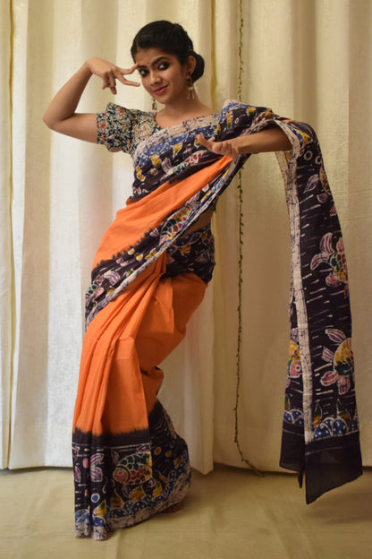 Matsaya: Orange Cotton Batik Saree