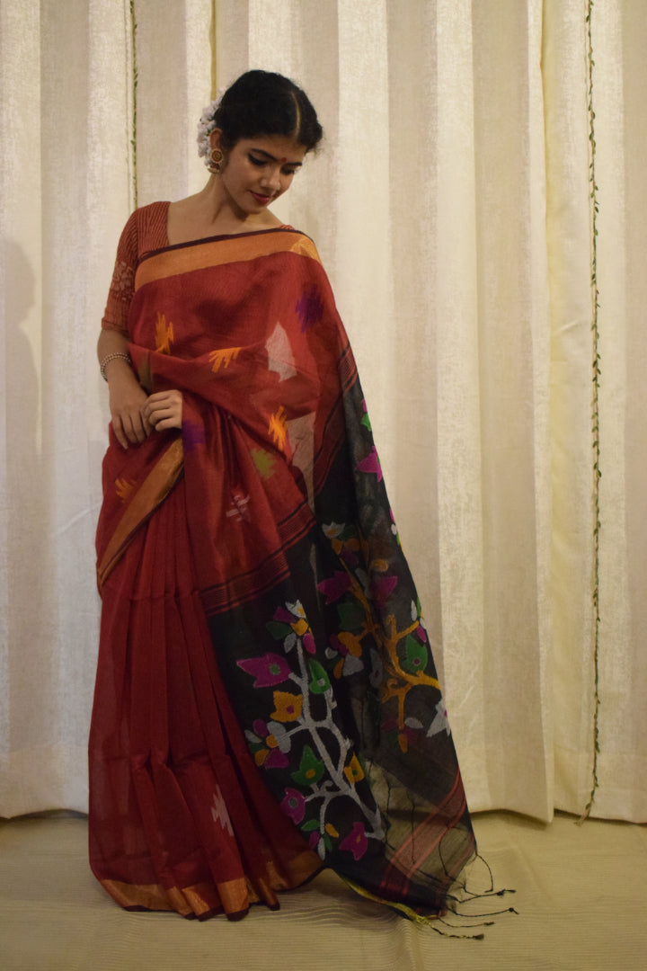 Mahalaya- Red & Black Cotton-Silk Jamdani Saree