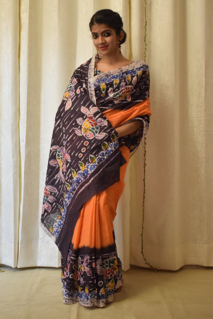 Matsaya: Orange Cotton Batik Saree