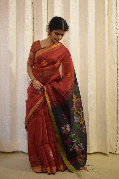 Mahalaya- Red & Black Cotton-Silk Jamdani Saree