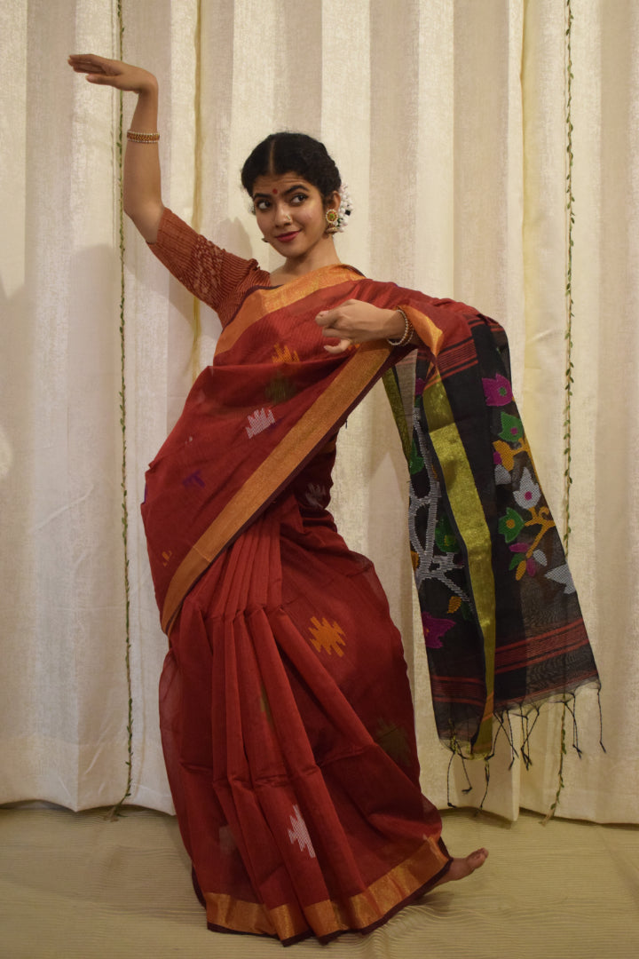 Mahalaya- Red & Black Cotton-Silk Jamdani Saree