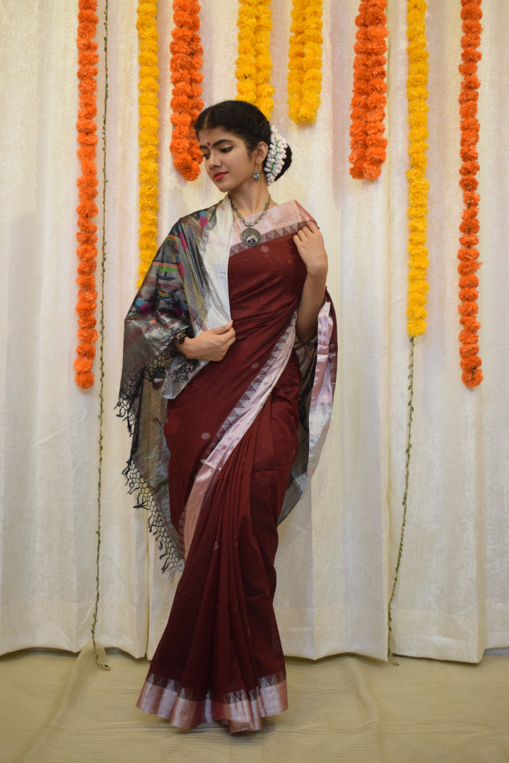 Mayuri- Deep Maroon Cotton Paithani Saree