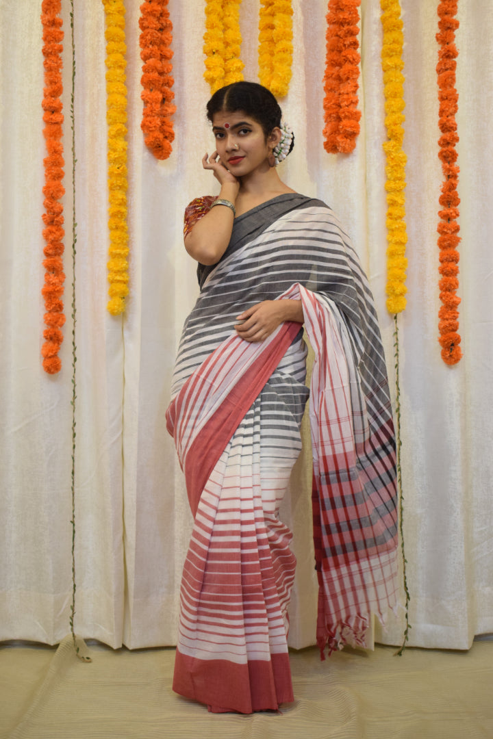 Kalyani-White & Red Dhaniakhali Cotton Saree