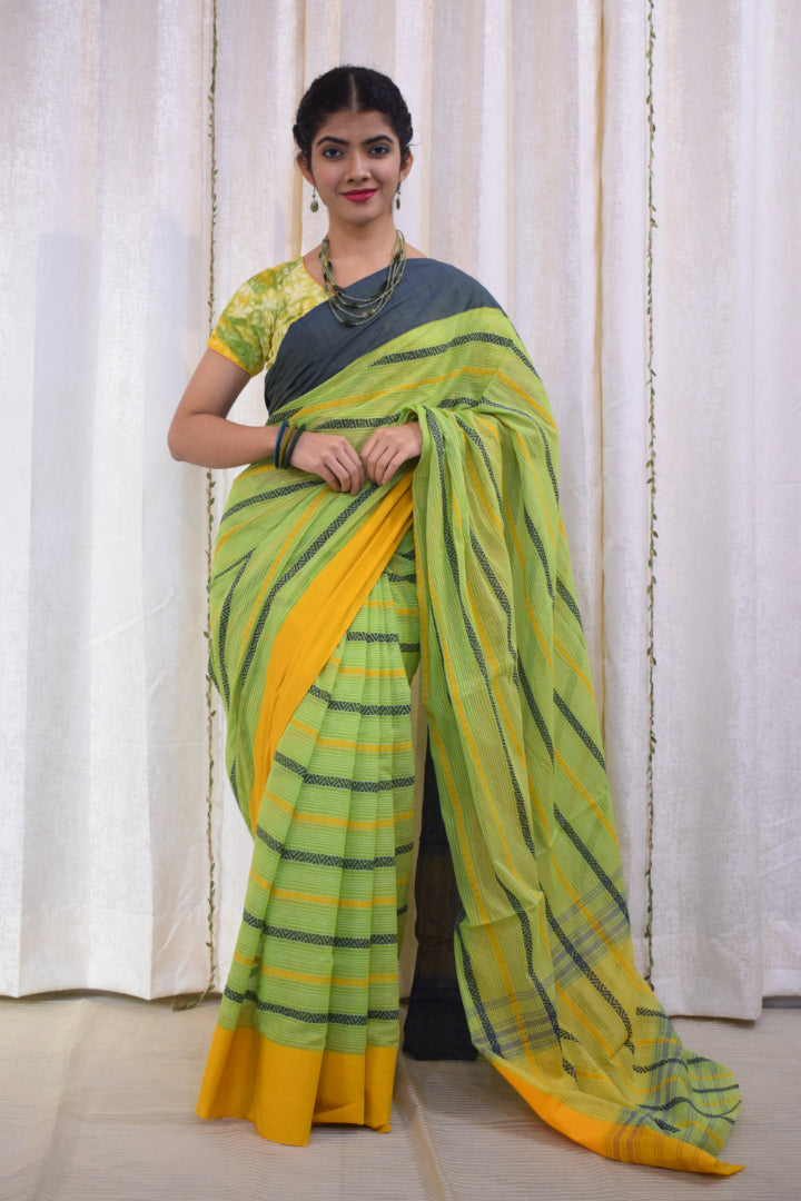 Hrutvi: Pistachio Green Dhaniakhali Cotton Saree